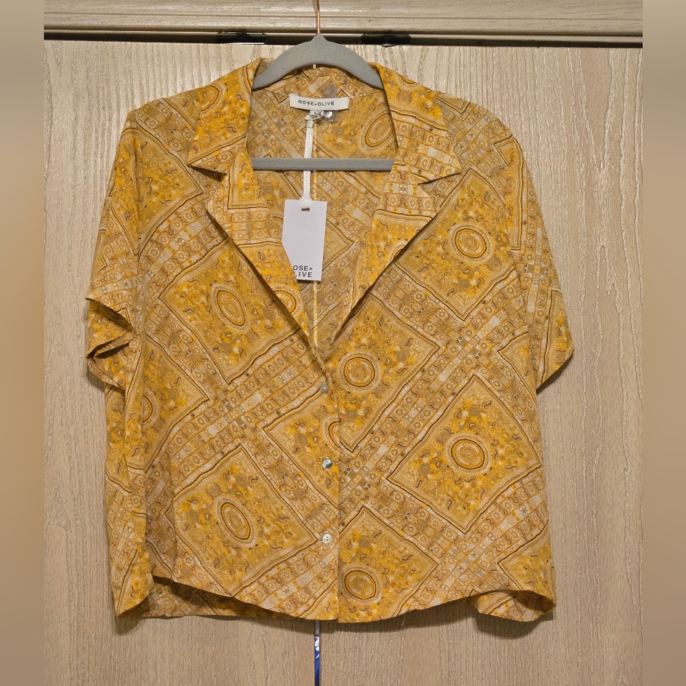 Rose + Olive Bandana Patchwork Casual Short Sleeve Button Up Blouse Gold Yellow